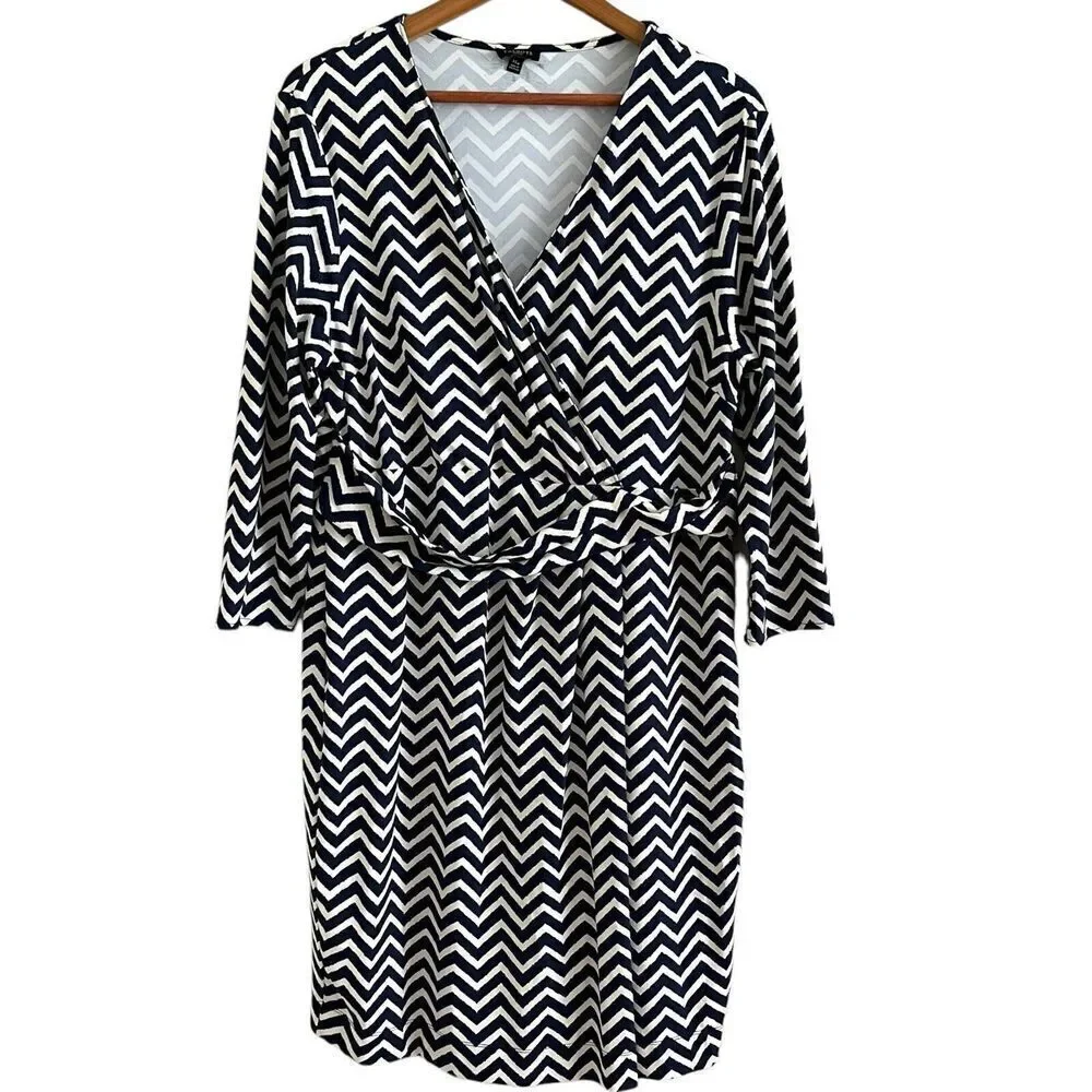 Talbots Chevron Print Belted Slinky Dress XLP Navy Jersey Office Nautical Coast - Picture 2 of 13
